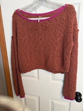 Free People Rust Cropped Knit Sweater with Pink Trim